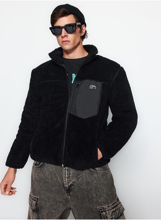trendyol Black Regular Fit Label Detailed Welsoft Plush Winter Coat TMNAW24MO00007  - Image 3