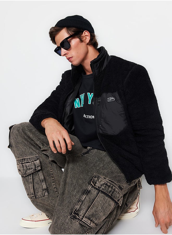 trendyol Black Regular Fit Label Detailed Welsoft Plush Winter Coat TMNAW24MO00007  - Image 2