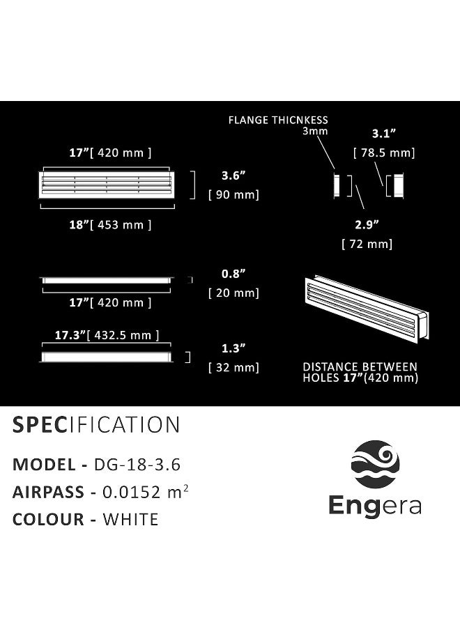 SHNORM Engera Bathroom Door Air Vent Grille Two Sided Ventilation Cover for Restroom, Warehouse, Storage Doors | Interior Door Transfer Grill 453mm x 91mm (18.1"x3.6") - Image 3