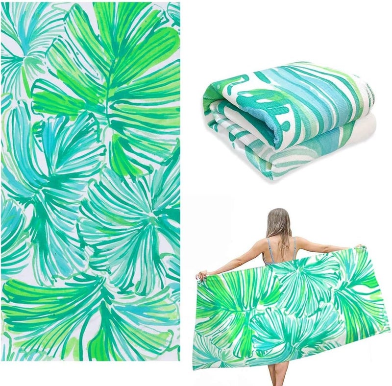 ELECDON Microfiber Sand Free Beach Towel - Quick Dry, Super Absorbent, Oversized Green Leaf Design - Image 1