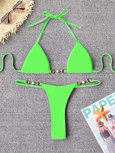TASHEHE Women's Triangle Thong Bikini Set Sexy String Brazillian Two Piece Swimsuit Cute Bikini Bathing Suit - Neon Green - Small - Image 5