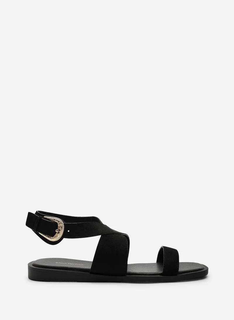Where's That From Avenue Buckle Footbed Dark Brown Suede Sandal