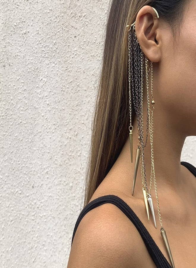 Wiwpar Fashion Long Chain Tassel Earrings Studded Spike Rivet Dangle Earrings Punk Stud Ear Cuffs Earrings for Women (2pcs) - Image 2