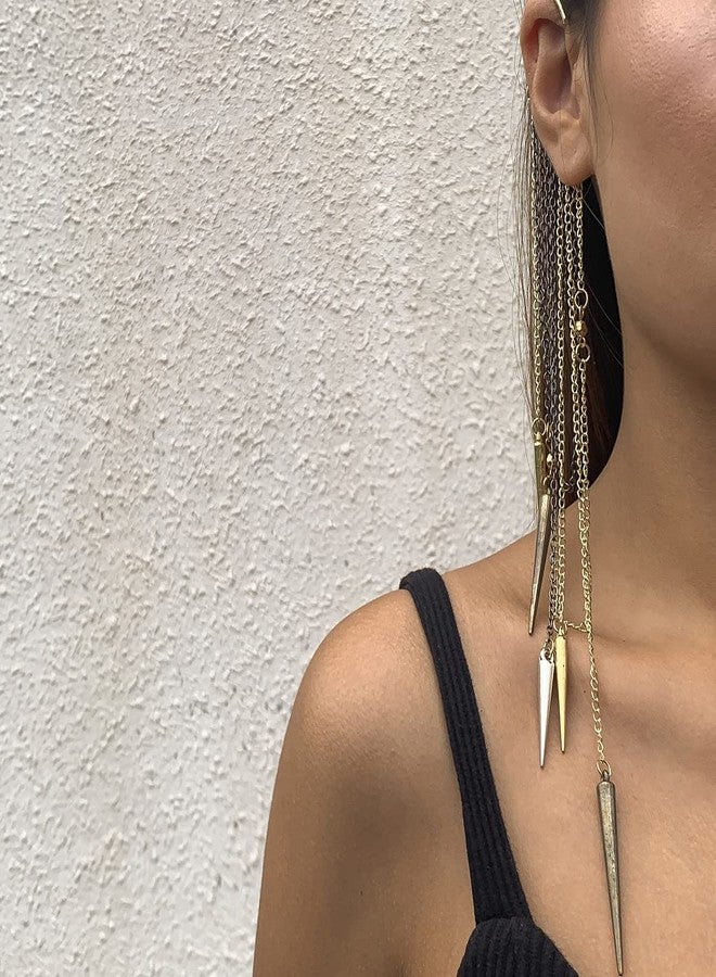 Wiwpar Fashion Long Chain Tassel Earrings Studded Spike Rivet Dangle Earrings Punk Stud Ear Cuffs Earrings for Women (2pcs) - Image 4