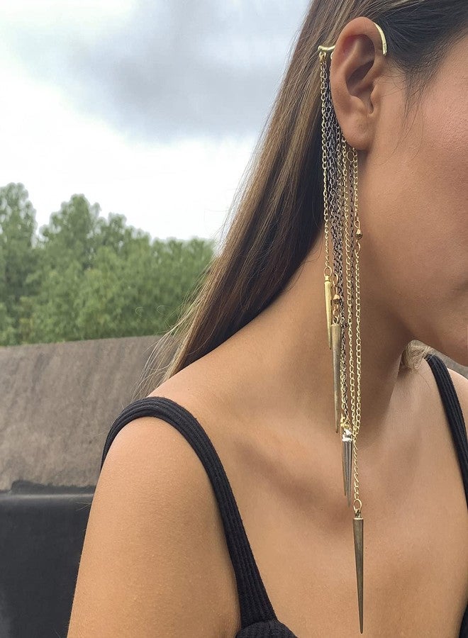 Wiwpar Fashion Long Chain Tassel Earrings Studded Spike Rivet Dangle Earrings Punk Stud Ear Cuffs Earrings for Women (2pcs) - Image 3
