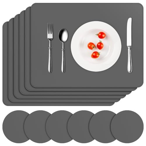 APLKER Placemats and Coasters Set of 6 Heat Insulation PU Leather Table Mats Waterproof Washable Dining Place Mats for Kitchen Indoor Outdoor Party16 x12 inch  Grey