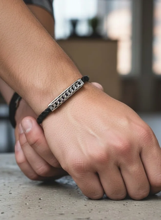 Police Black Fetter Silver Stainless Steel Black Braided Leather Bracelet for Men for Men | Best Price UAE