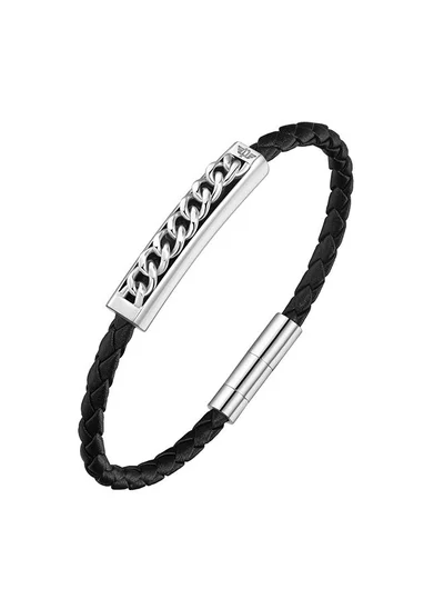 بوليس Fetter Black Leather With Stainless Steel Motif Gents BraceletPEAGB0005231