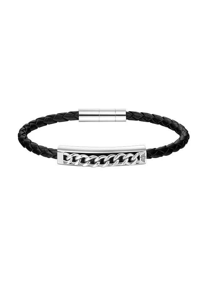 بوليس Police Fetter Black Leather With Stainless Steel Motif Gents Bracelet - PEAGB0005231