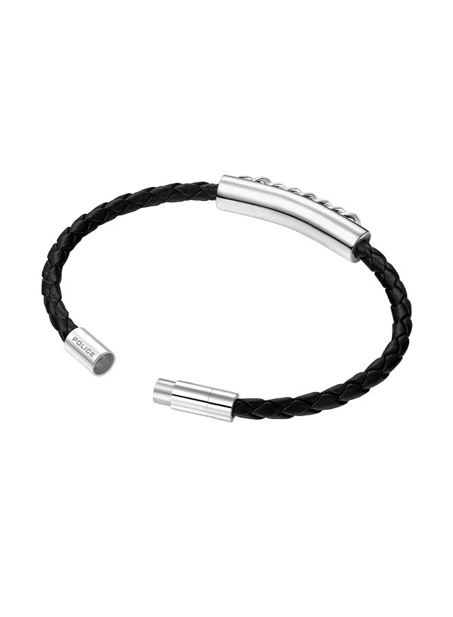 POLICE Fetter Black Leather With Stainless Steel Motif Gents BraceletPEAGB0005231