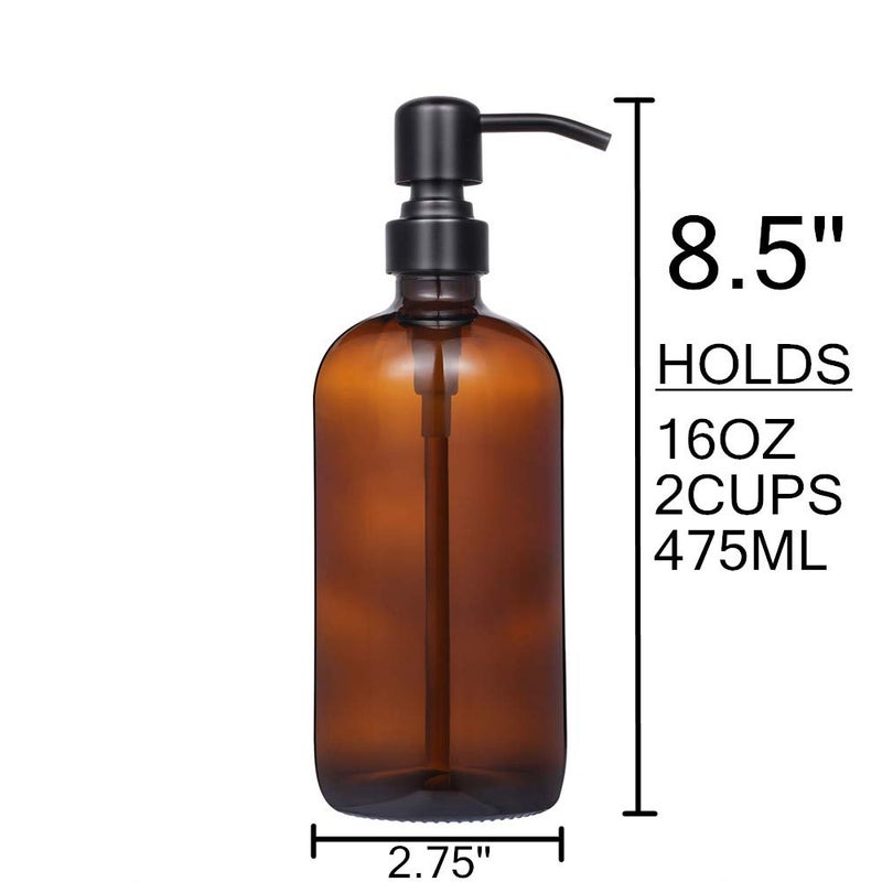 CHBJDAN 2 Pack Thick Amber Glass Pint Jar Soap Dispenser with Matte Black Stainless Steel Pump, 16ounce Boston Round Bottles Dispenser with Rustproof Pump for Essential Oil, Lotion Soap - Image 4