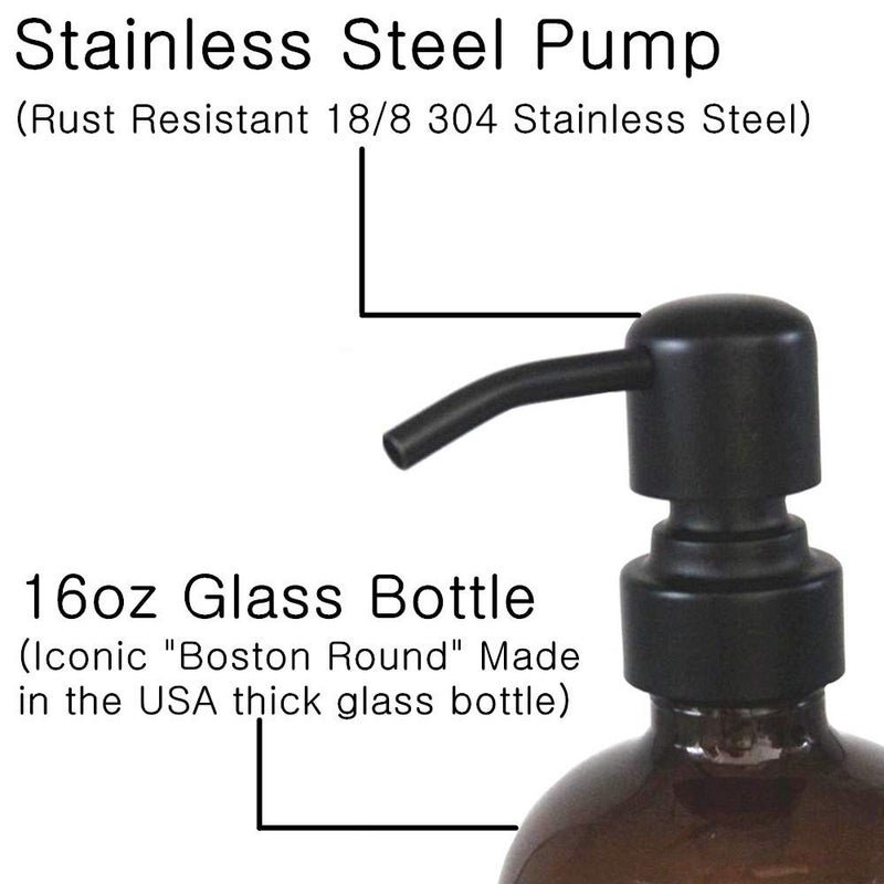 CHBJDAN 2 Pack Thick Amber Glass Pint Jar Soap Dispenser with Matte Black Stainless Steel Pump, 16ounce Boston Round Bottles Dispenser with Rustproof Pump for Essential Oil, Lotion Soap - Image 3