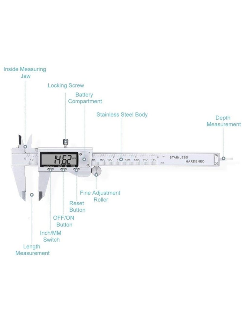 Generic Electronic Digital Vernier Caliper Stainless Steel Caliper 150mm/0-6 inch Measuring Tools with Extra-Large LCD Screen inch Metric Conversion  - Image 2