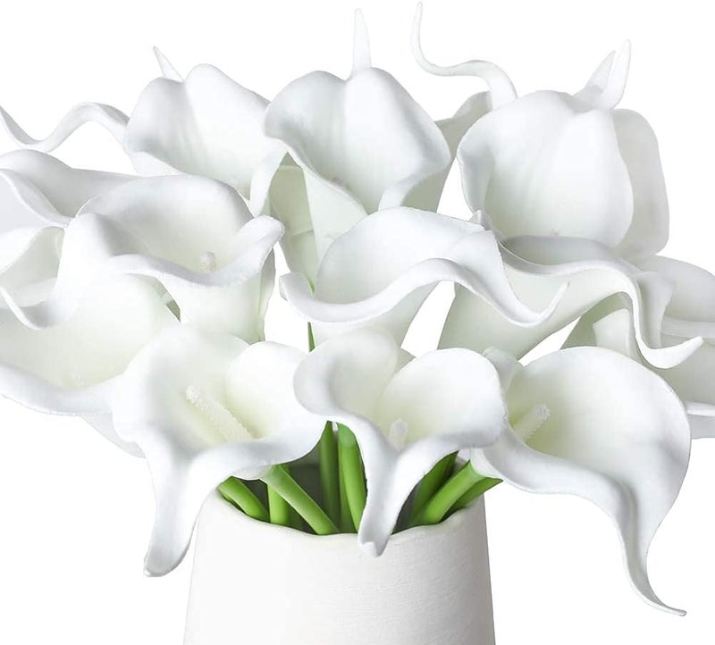 DELFINO Calla Lily Fake White Flowers Wedding Bouquet Artificial Real Touch Latex Flowers Home Wedding Party Decor 20Pcs (White) - Image 2