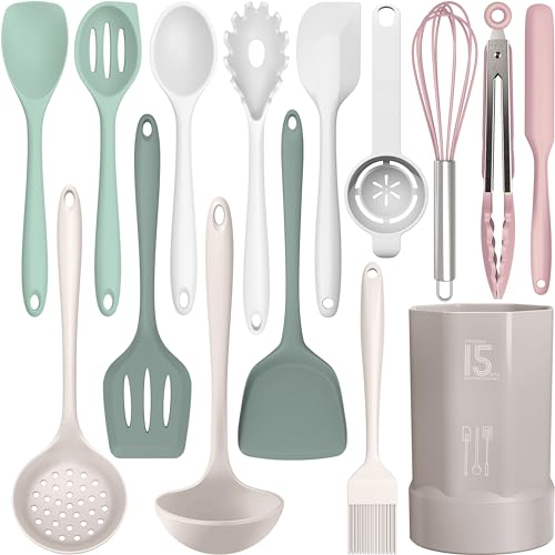 AOTHOD Silicone Cooking Utensils Set - 446°F Heat Resistant Silicone Kitchen Utensils,Spatula,Spoon, Kitchen Utensil Sets Gadgets Tools Set for Nonstick Cookware,Dishwasher Safe BPA FREE (Multicolor) - Image 1
