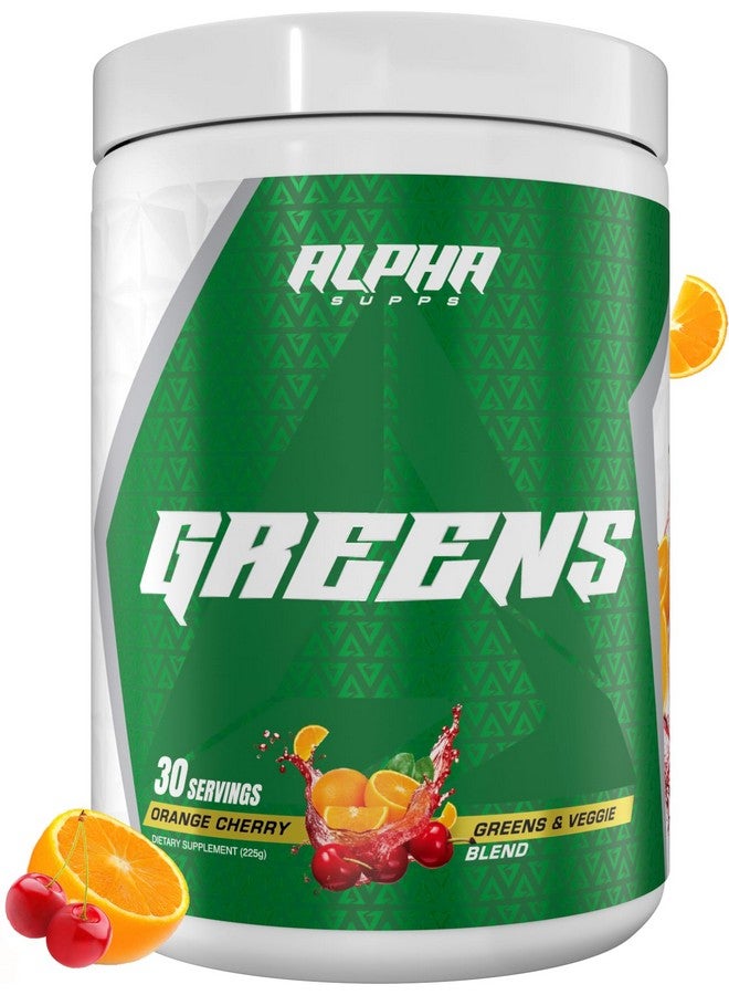 Alpha Supps - Alpha Greens Supplement | Fruit & Vegetable Superfood Powder | Over 40 Natural Plant Based Ingredients | Prebiotic & Probiotic Digestive Support Blend - 30 Servings (Orange Cherry) - Image 1