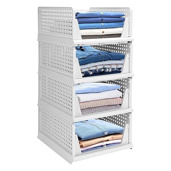 JEYANG Foldable Plastic Wardrobe Organizer - Stackable Storage Solution for Clothes, Ideal for Bathroom, Kitchen, and Bedroom Use (Pack of 10, White) - Image 1