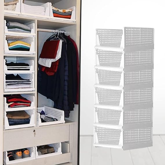 JEYANG Foldable Plastic Wardrobe Organizer - Stackable Storage Solution for Clothes, Ideal for Bathroom, Kitchen, and Bedroom Use (Pack of 10, White) - Image 4