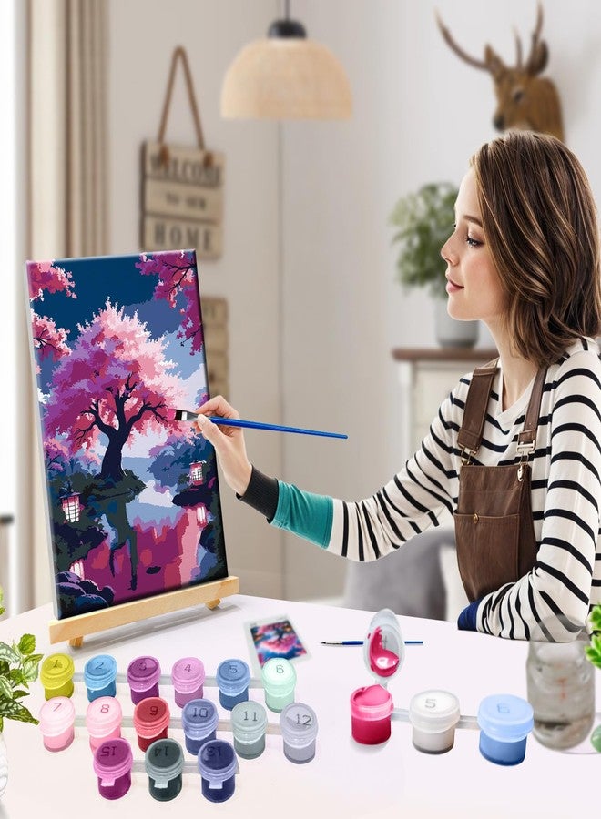 JOOZ Paint by Numbers Kit for Adults with Easel Cherry Blossom Tree Paint by Number with Frame Lake Scenery Adult Paint by Number Kits Oil Painting by Numbers for Gift Home Wall Decor 8x12 Inch - Image 3