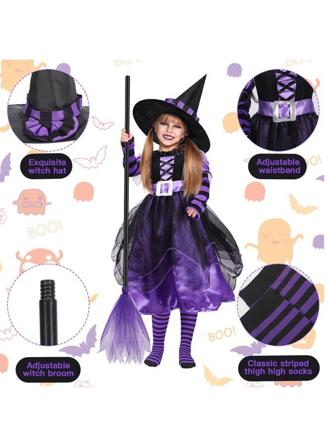 Berlune 4 Pcs Halloween Fairytale Witch Cute Witch Costume Witch Hat Broom Tutu Striped High Stockings for Kids Girls(Purple, Small) - Image 3