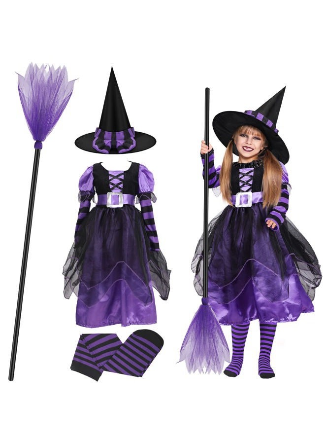 Berlune 4 Pcs Halloween Fairytale Witch Cute Witch Costume Witch Hat Broom Tutu Striped High Stockings for Kids Girls(Purple, Small) - Image 1