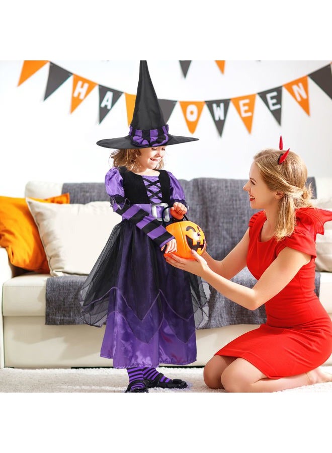 Berlune 4 Pcs Halloween Fairytale Witch Cute Witch Costume Witch Hat Broom Tutu Striped High Stockings for Kids Girls(Purple, Small) - Image 4