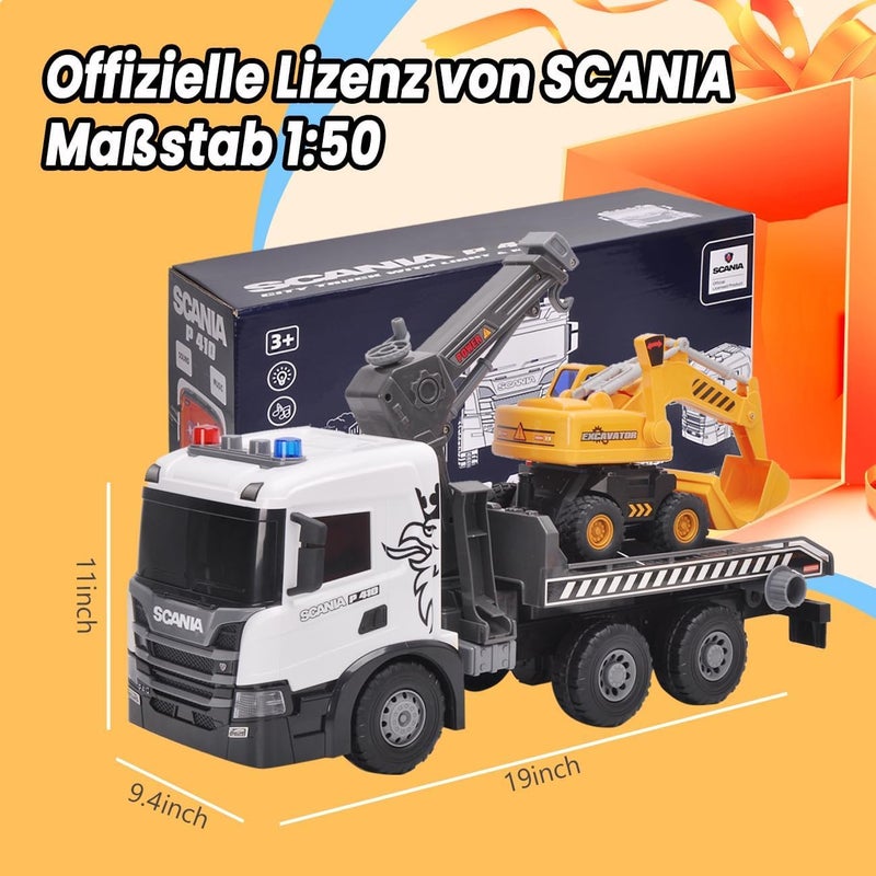The Toys Home Scania P410 Crane Truck with Excavator Loader, Push and Go Friction Powered Construction Toy, Moving Crane Arm, Ramp Platform, Lights and Sounds, 1:50 Scale, Ages 3+ - Image 2
