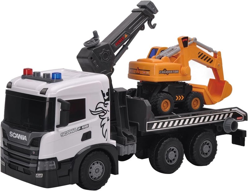 The Toys Home Scania P410 Crane Truck with Excavator Loader, Push and Go Friction Powered Construction Toy, Moving Crane Arm, Ramp Platform, Lights and Sounds, 1:50 Scale, Ages 3+ - Image 1