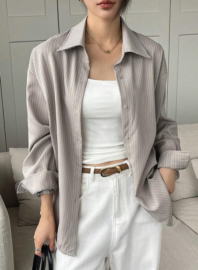 تايك تو بلوزة مخططة بقصة مريحة وأكمام طويلة - Image 5