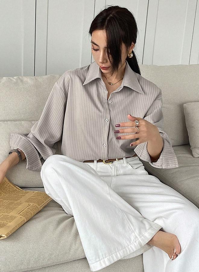 تايك تو بلوزة مخططة بقصة مريحة وأكمام طويلة - Image 2