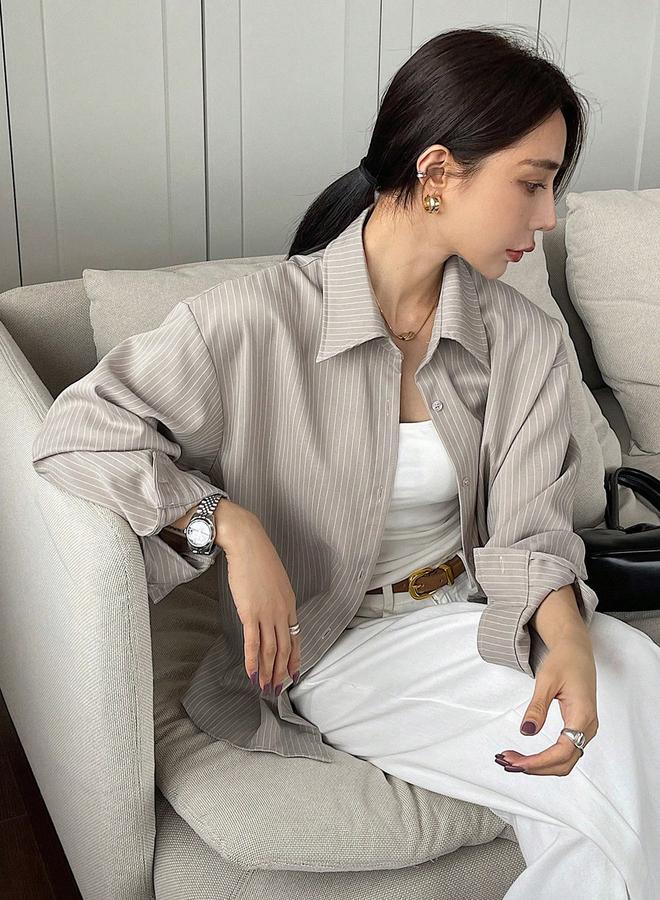 تايك تو بلوزة مخططة بقصة مريحة وأكمام طويلة - Image 3