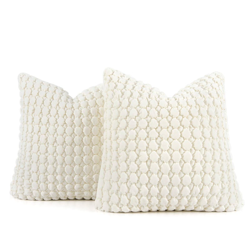COCOPLOCEUS Set of 2 Pillow Covers 24x24 Cream Decorative Farmhouse Pillow Covers Quilted Velvet Square Cushion Covers Soft Bubble Texture Euro Shams for Couch Sofa Bed Living Room