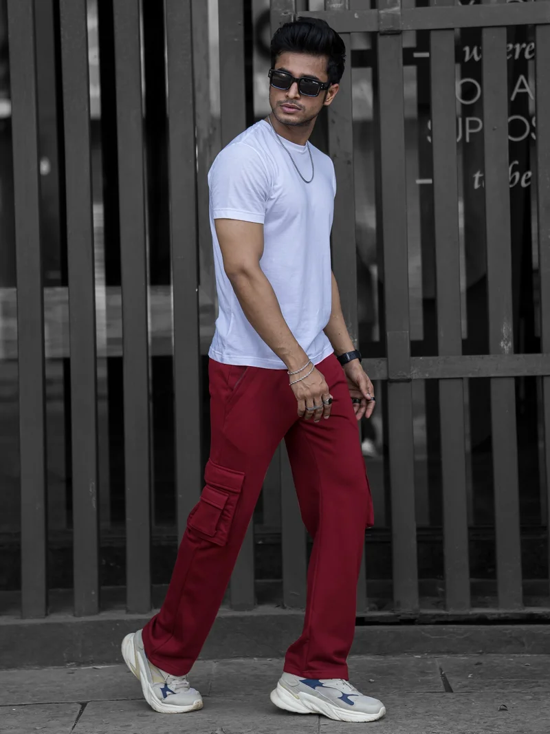 Maniac Maniac Mens Solid Burgundy Baggy fit Cargo Pant