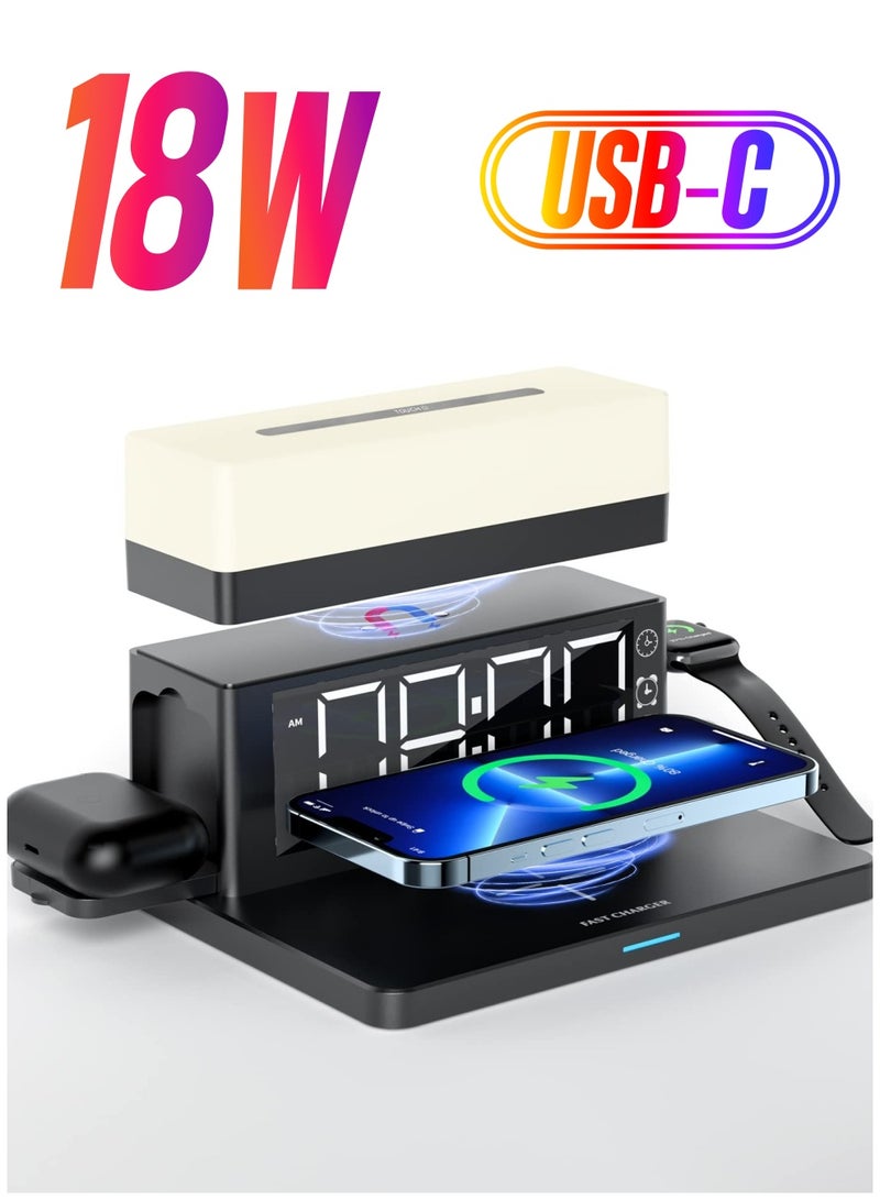 SYOSI Wireless Charging Station with Digital Alarm Clock, Night Light,18W Fast Charger Compatible with iPhone/Samsung Galaxy, for AirPods/Apple Watch - Image 1