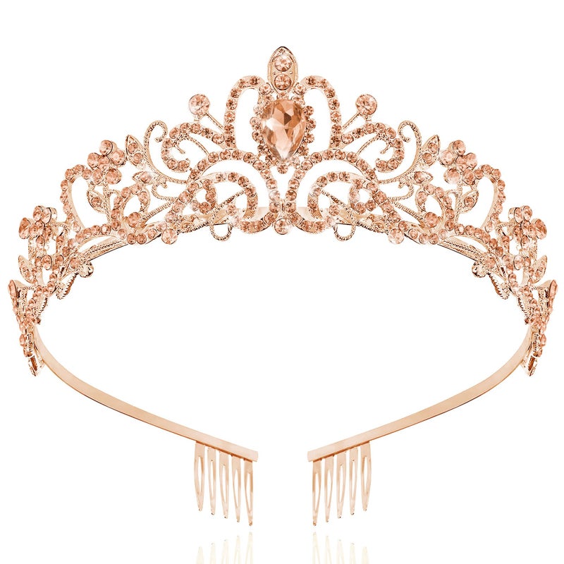 TAROSE Champagne Gold Crowns for Women, Queen Crystal Tiaras with Rhinestone and Combs, Goddess Crown for Wedding Bride Birthday Princess Bridal Shower Hair Accessories for Women - Image 1