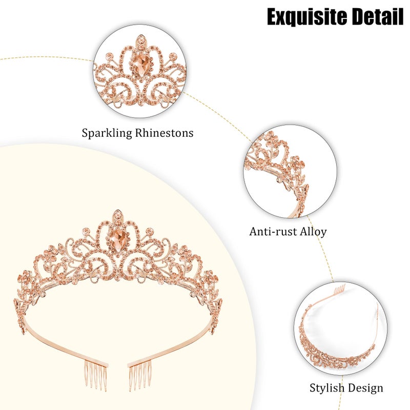 TAROSE Champagne Gold Crowns for Women, Queen Crystal Tiaras with Rhinestone and Combs, Goddess Crown for Wedding Bride Birthday Princess Bridal Shower Hair Accessories for Women - Image 4
