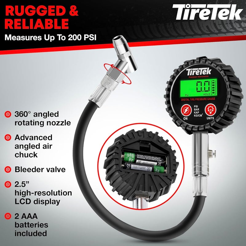 TireTek Digital Tire Pressure Gauge (0-200 PSI) - Heavy Duty Tire Gauge (Stainless Steel) - MotCertified ANSI - Easy to Read - Air Gauge Tire Pressure - Bike and Motorcycle Tire Pressure Gauge - Image 3