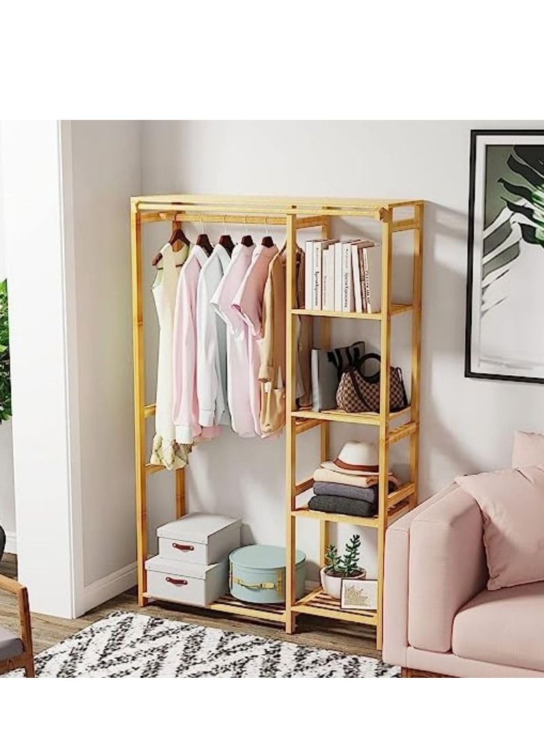 Cool Baby Bamboo Garment Clothing Rack Coat Hanging Rack with Storage Shelves Open Wardrobe Coat Stand Clothes Shoes Organizer with Back Cover for Entryway Living Room  - Image 2