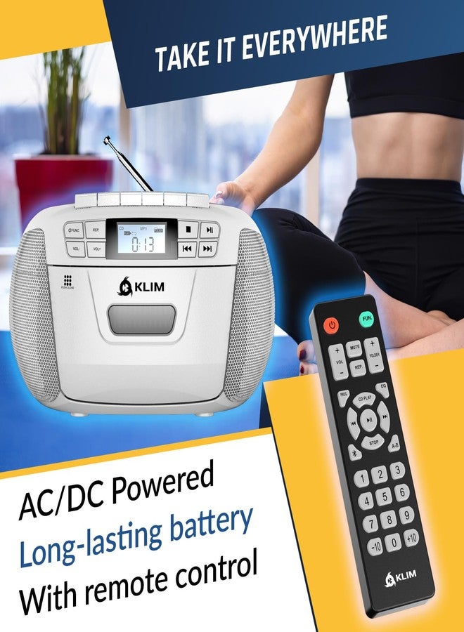 KLIM CD Player & Cassette Tape Player, Bluetooth Boombox, AM/FM Radio, Stereo Sound, Remote, CD and Cassette Combo, Tape Recording, USB Drive, AUX, AC/DC Powered - White - Image 5
