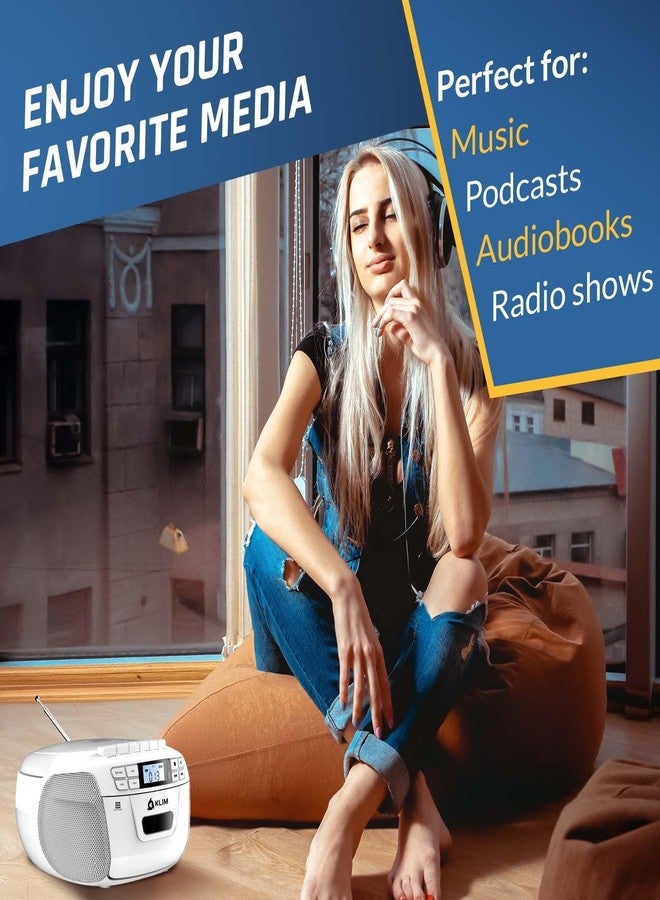 KLIM CD Player & Cassette Tape Player, Bluetooth Boombox, AM/FM Radio, Stereo Sound, Remote, CD and Cassette Combo, Tape Recording, USB Drive, AUX, AC/DC Powered - White - Image 4