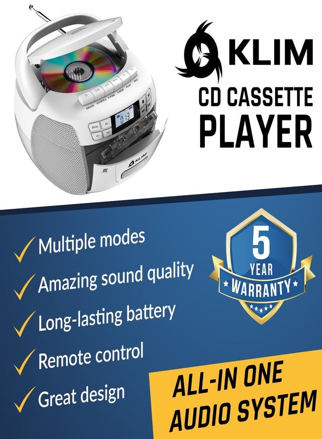 KLIM CD Player & Cassette Tape Player, Bluetooth Boombox, AM/FM Radio, Stereo Sound, Remote, CD and Cassette Combo, Tape Recording, USB Drive, AUX, AC/DC Powered - White - Image 2