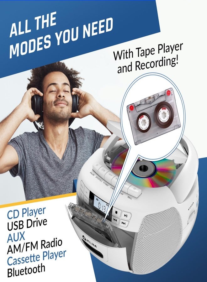 KLIM CD Player & Cassette Tape Player, Bluetooth Boombox, AM/FM Radio, Stereo Sound, Remote, CD and Cassette Combo, Tape Recording, USB Drive, AUX, AC/DC Powered - White - Image 3
