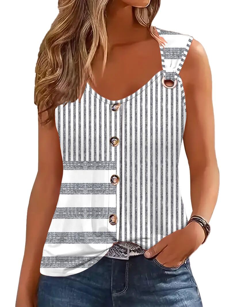 SAUKOLE Summer Tank Tops for Women Casual Sleeveless O Ring Shoulder Shirts Loose Cute Printed Button Blouse - Image 1