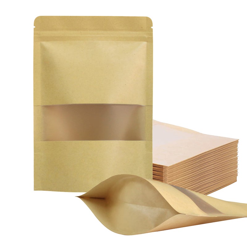 100 Pcs Resealable bags55 x 79 Stand Up Kraft Paper Bags with Matte Window Zip Lock Food Storage Bags for Packaging Products Reusable Sealable