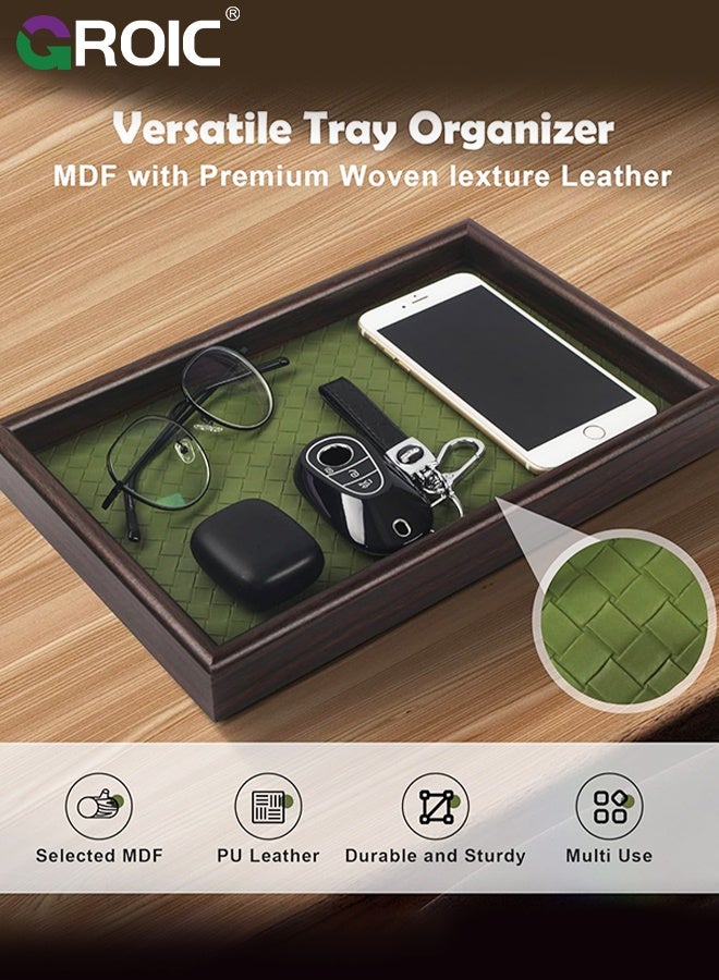 GROIC صينية جلدية، ديكور منزلي خشبي مستطيل، جلد مضفر أخضر من الخيزران، صينية تقديم مثالية لغرفة المعيشة، عشاق ديكور طاولة القهوة، صينية تجميل لجميع المناسبات، تخزين المجوهرات - Image 2
