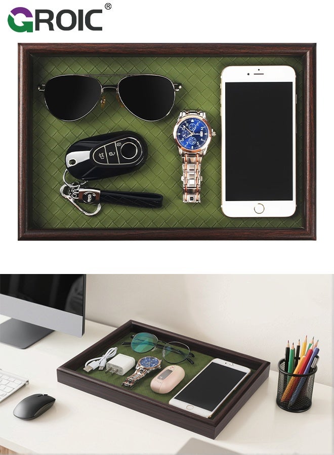 GROIC صينية جلدية، ديكور منزلي خشبي مستطيل، جلد مضفر أخضر من الخيزران، صينية تقديم مثالية لغرفة المعيشة، عشاق ديكور طاولة القهوة، صينية تجميل لجميع المناسبات، تخزين المجوهرات - Image 1