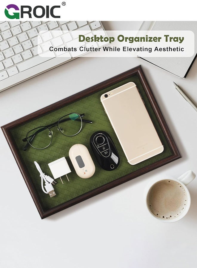 GROIC صينية جلدية، ديكور منزلي خشبي مستطيل، جلد مضفر أخضر من الخيزران، صينية تقديم مثالية لغرفة المعيشة، عشاق ديكور طاولة القهوة، صينية تجميل لجميع المناسبات، تخزين المجوهرات - Image 5