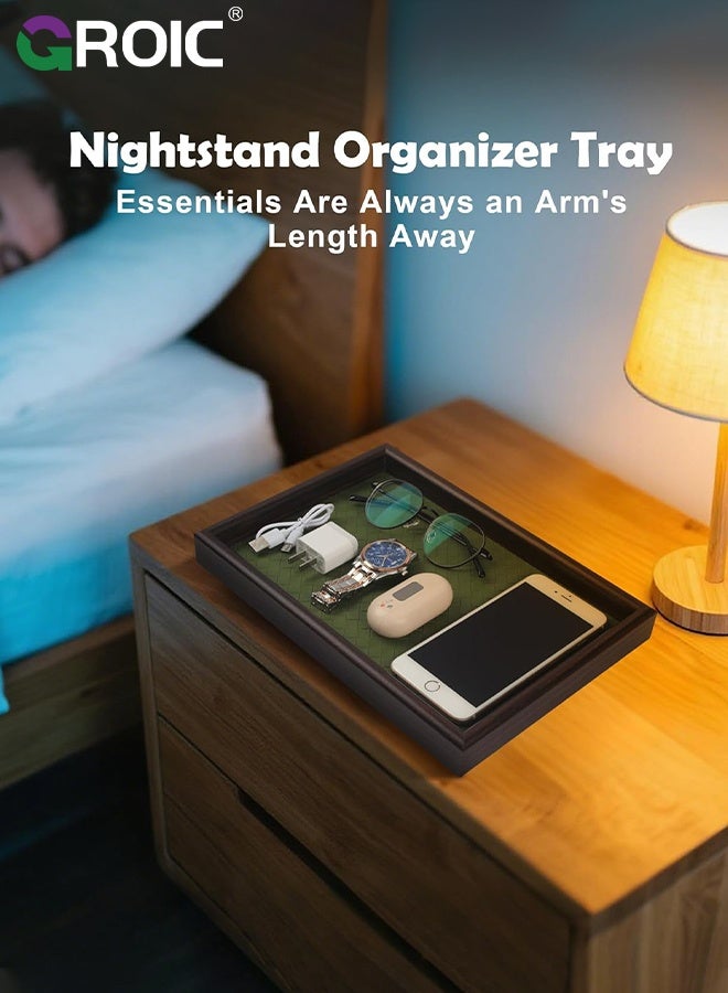 GROIC صينية جلدية، ديكور منزلي خشبي مستطيل، جلد مضفر أخضر من الخيزران، صينية تقديم مثالية لغرفة المعيشة، عشاق ديكور طاولة القهوة، صينية تجميل لجميع المناسبات، تخزين المجوهرات - Image 3