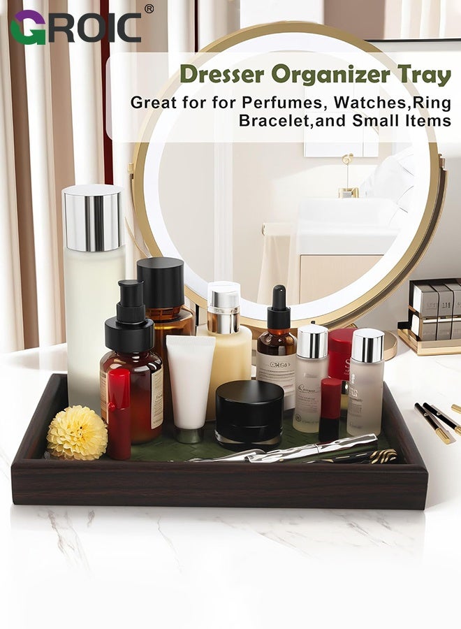 GROIC صينية جلدية، ديكور منزلي خشبي مستطيل، جلد مضفر أخضر من الخيزران، صينية تقديم مثالية لغرفة المعيشة، عشاق ديكور طاولة القهوة، صينية تجميل لجميع المناسبات، تخزين المجوهرات - Image 4