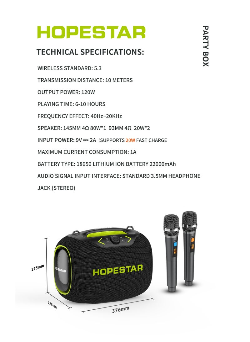 HOPESTAR Party Box 120W Portable Bluetooth Speaker with Dual Wireless Microphones, 200W Fast Charging, IPX6 Waterproof, DSP Chip, 10-Hour Playtime, RGB Lights – Ideal for Outdoor, Karaoke, and Family Gatherings - Image 4